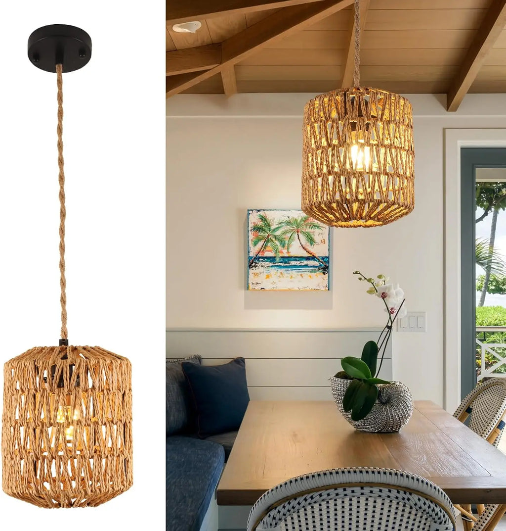 Handwoven Boho Rattan Lampshade Chandelier,Natural Brown Round Shade Pendant Light For Bedroom,Living Room (Bulbs Not Included)