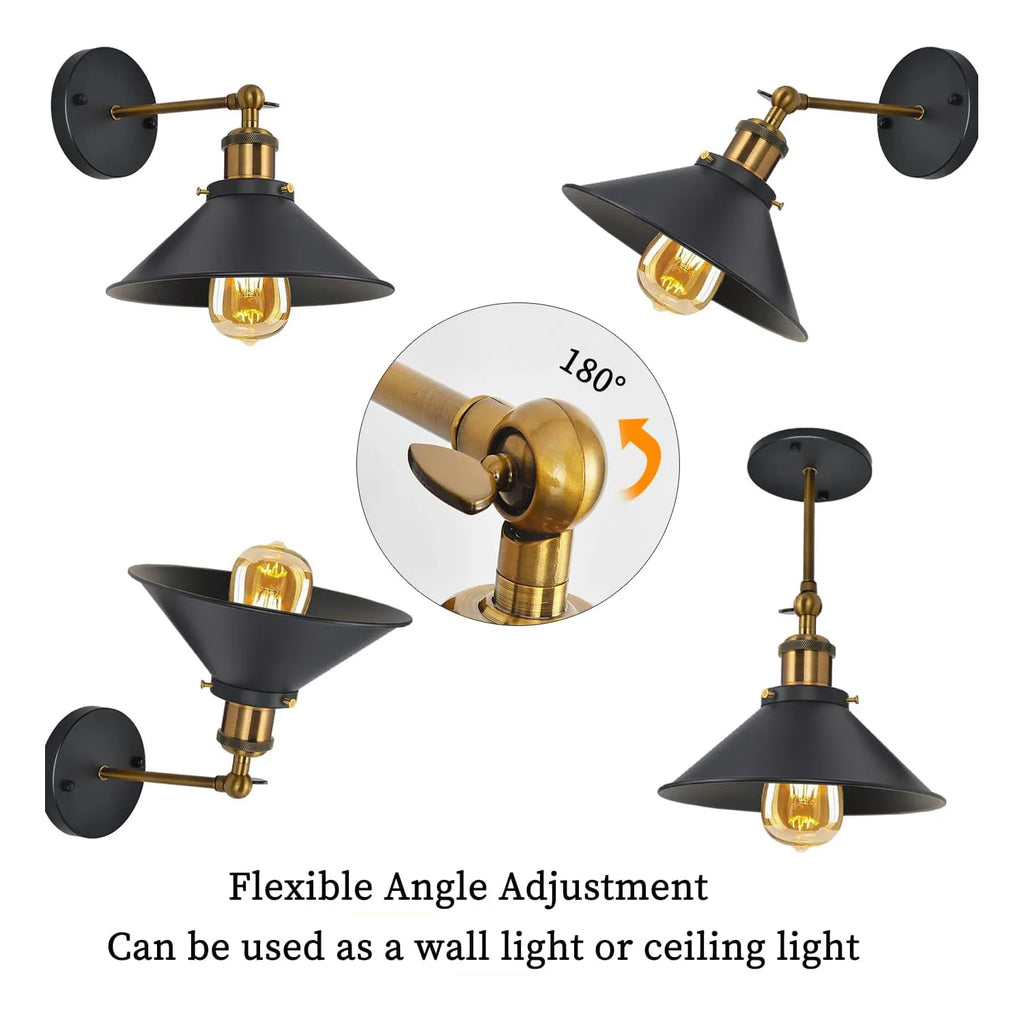 2 Pack Vintage Industrial Wall Sconce, Black Gold Metal Wall Lamp, Adjustable Swing Arm Wall Light Fixture,No Bulb Included,for Bedroom Living Room