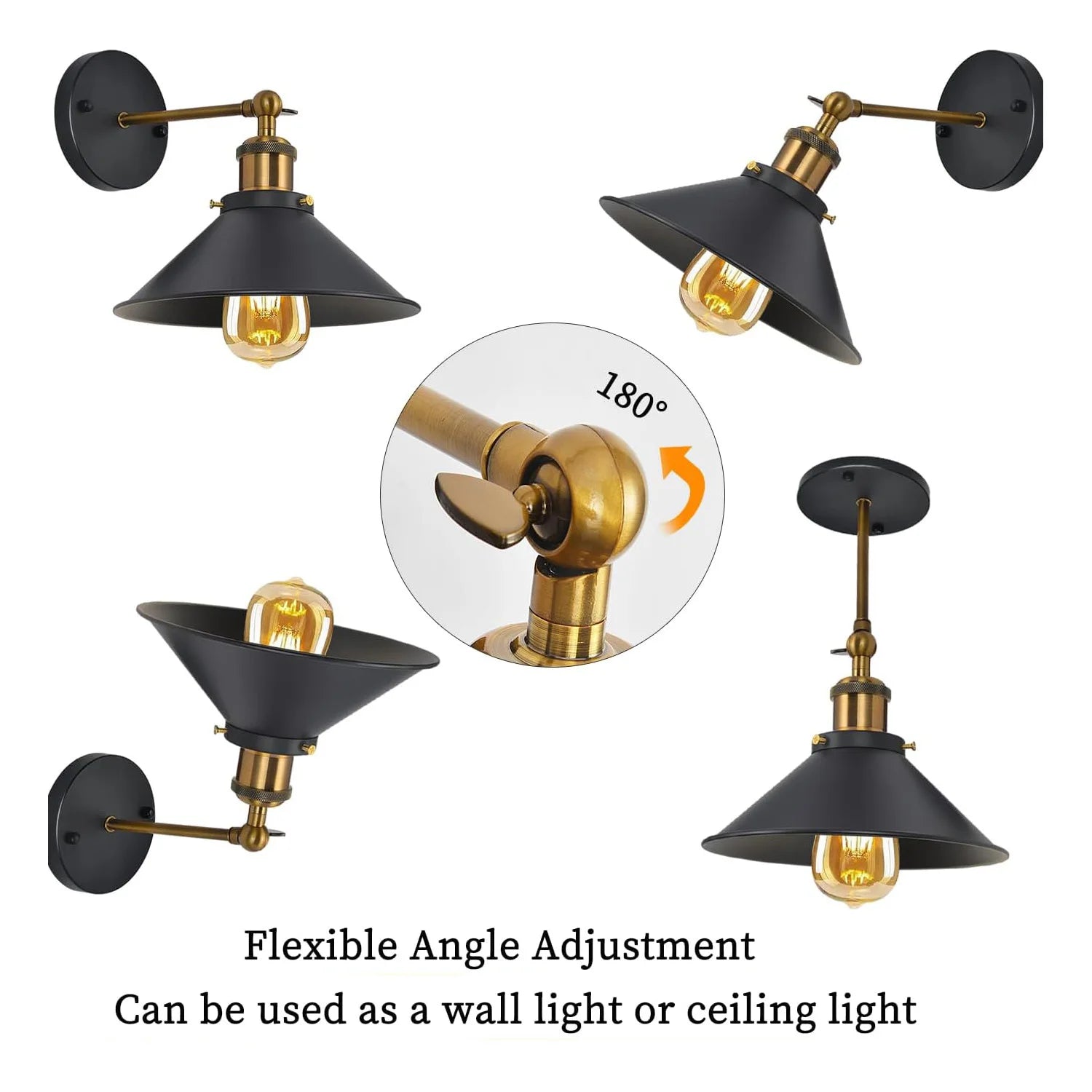 2 Pack Vintage Industrial Wall Sconce, Black Gold Metal Wall Lamp, Adjustable Swing Arm Wall Light Fixture,No Bulb Included,for Bedroom Living Room