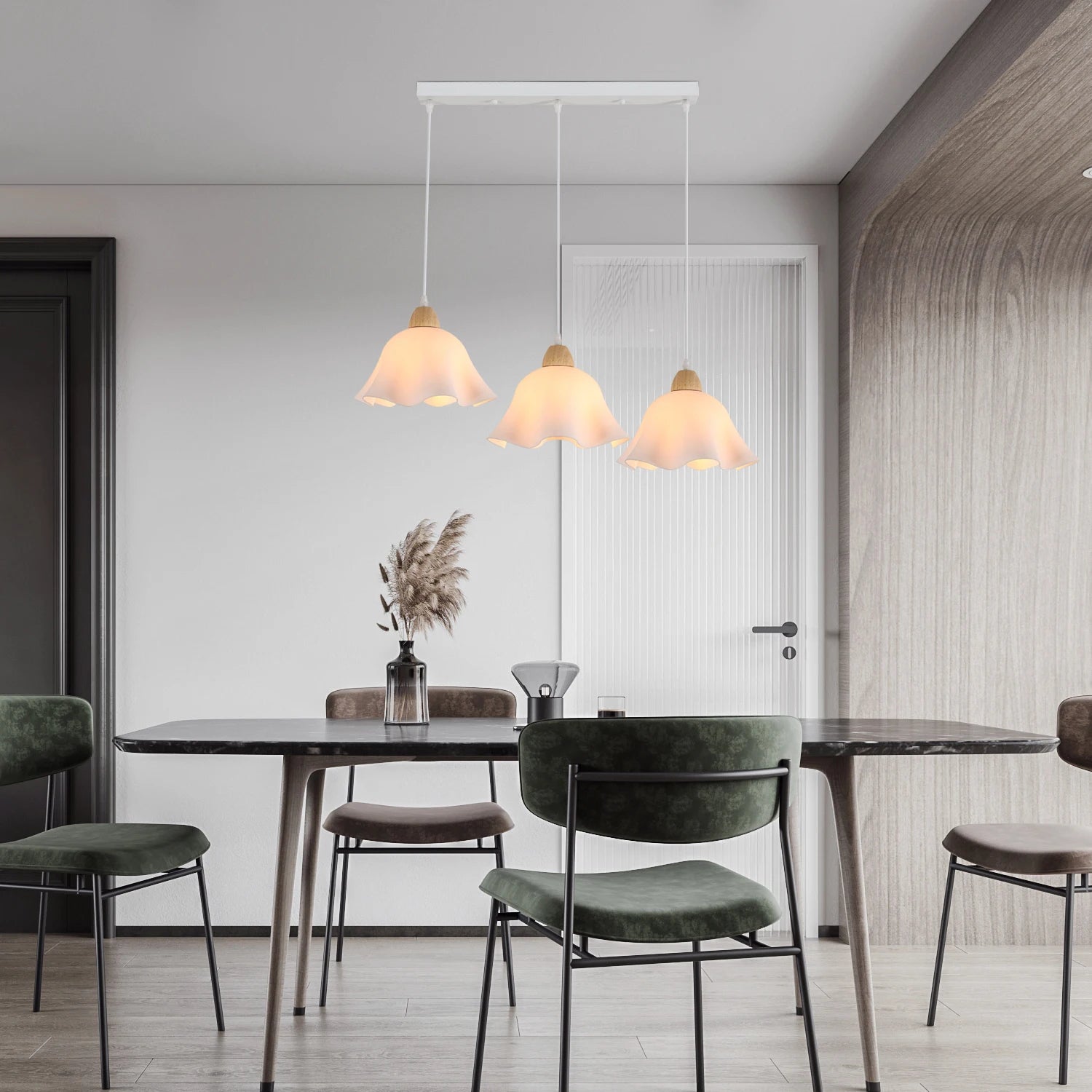 3-Head Pendant Lamps,Flower-Shaped Chandelier Retro Wooden Ceiling Light Flower Design E27 Base Lighting (Bulb not included）