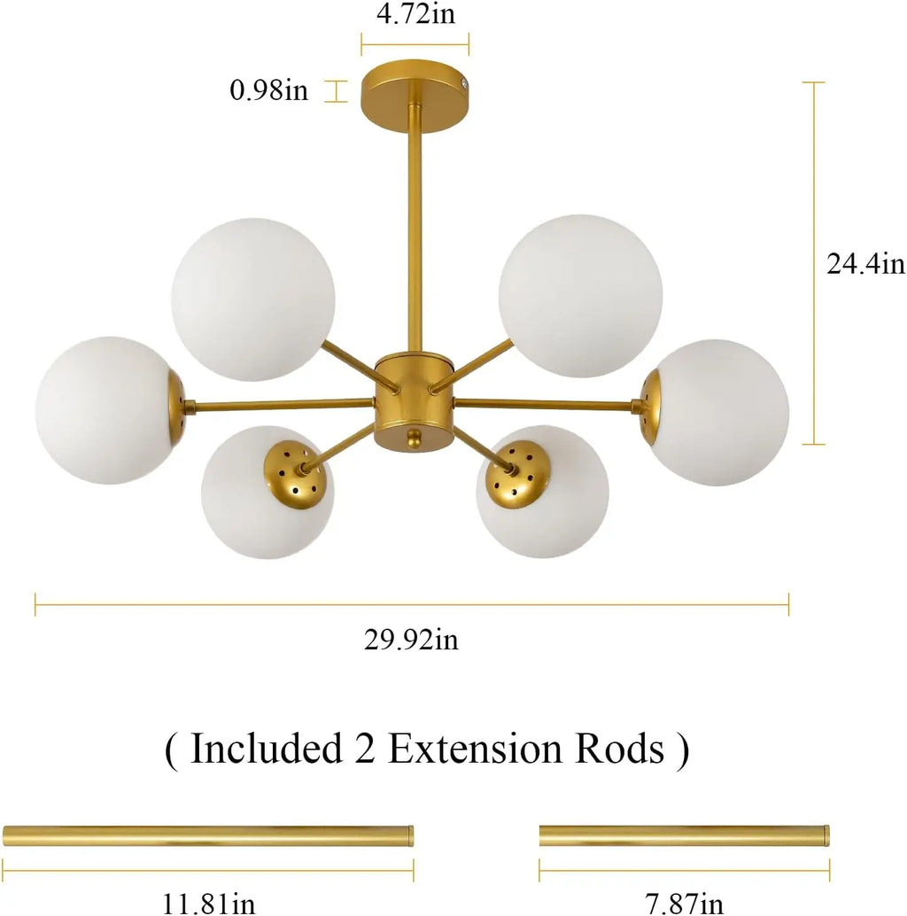 6-Light Globe Sputnik Chandelier,Glass Modern Gold Chandelier Light Fixture Mid Century Pendant Lighting（Bulb not included）