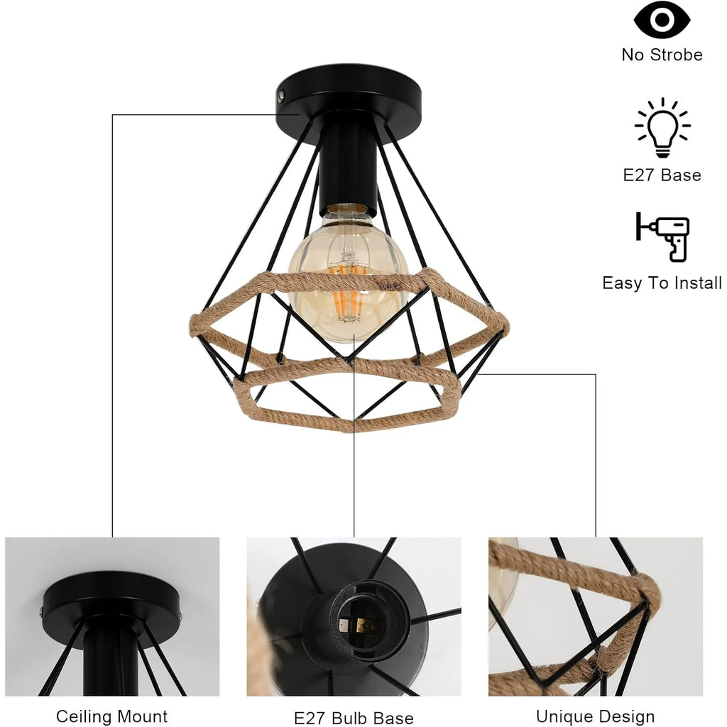 Hemp Rope Pendant Lamp,E27 Base Iron Cage Ceiling Hanging Light Retro Indoor Lighting Chandelier for Home（Bulb not included）