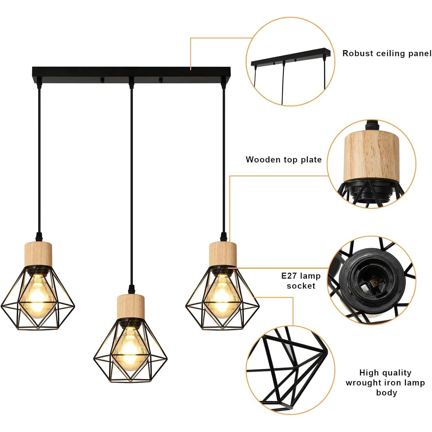 Modern Iron Chandelier,E27 3-Head Black Diamond Chandelier,Height Adjustable,Suitable for Restaurant（Bulb not included）
