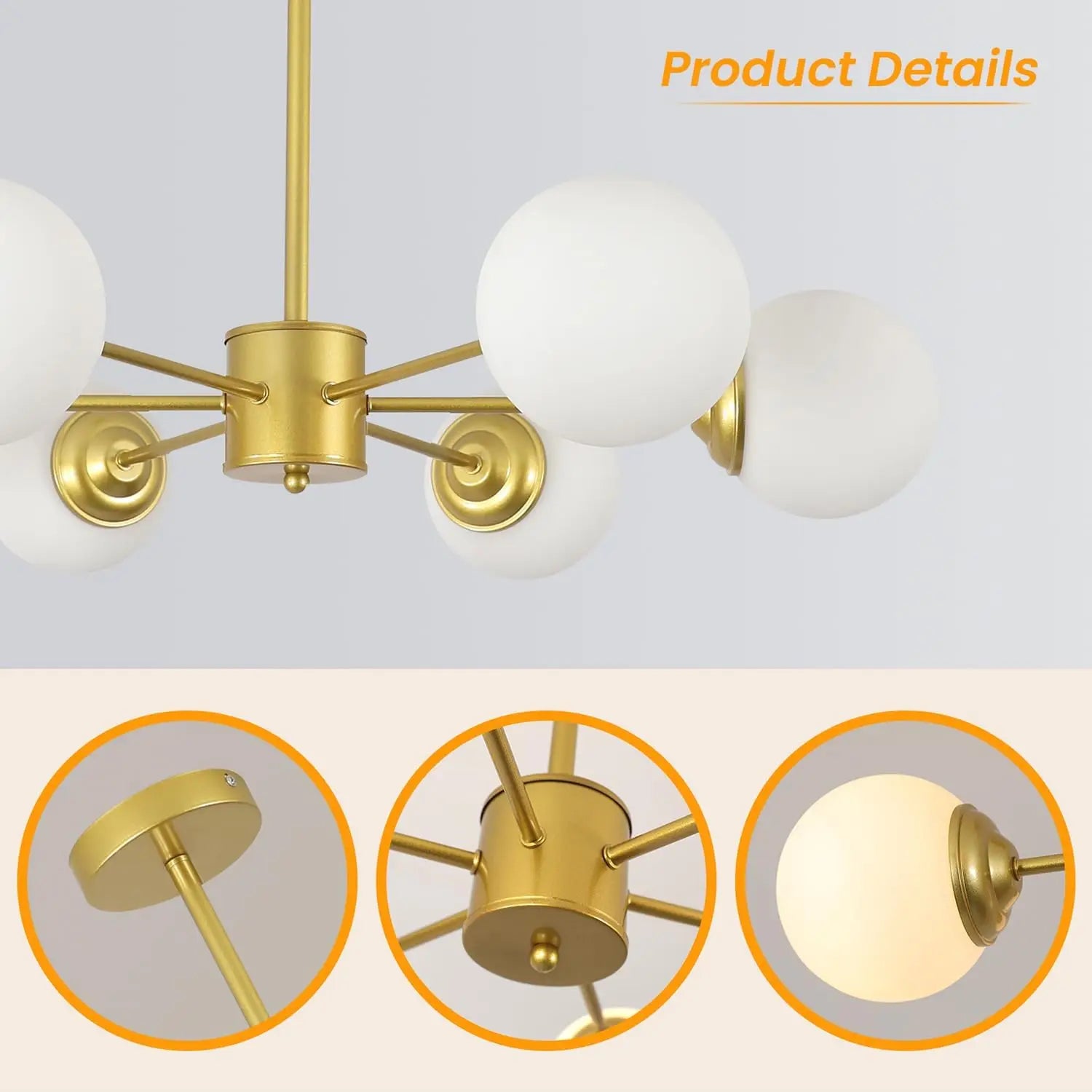 6-Light Globe Sputnik Chandelier,Glass Modern Gold Chandelier Light Fixture Mid Century Pendant Lighting（Bulb not included）