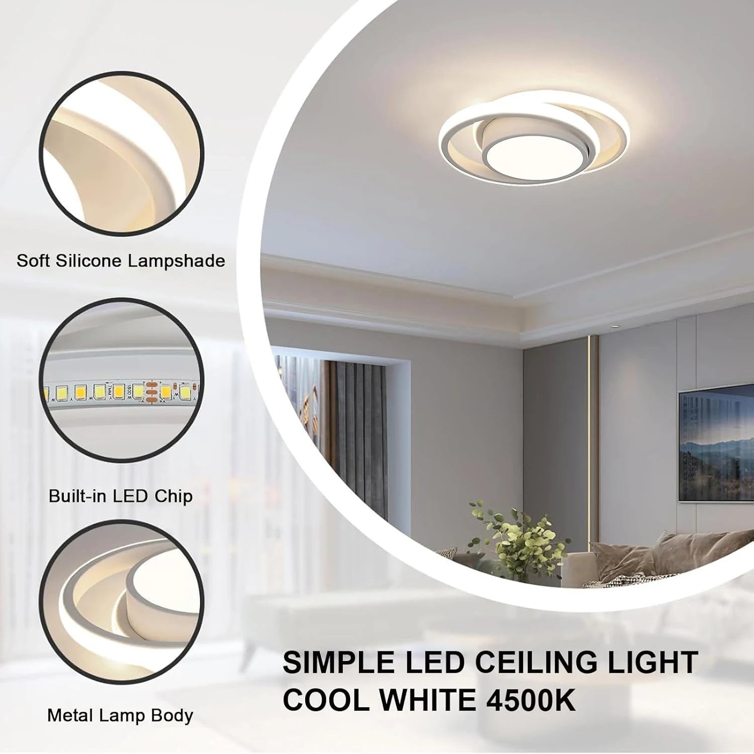 LED Ceiling Light, 36W 3240LM Modern Ceiling Light Dual-Round,Aluminum Close to Ceiling Light Fixture for Bedroom