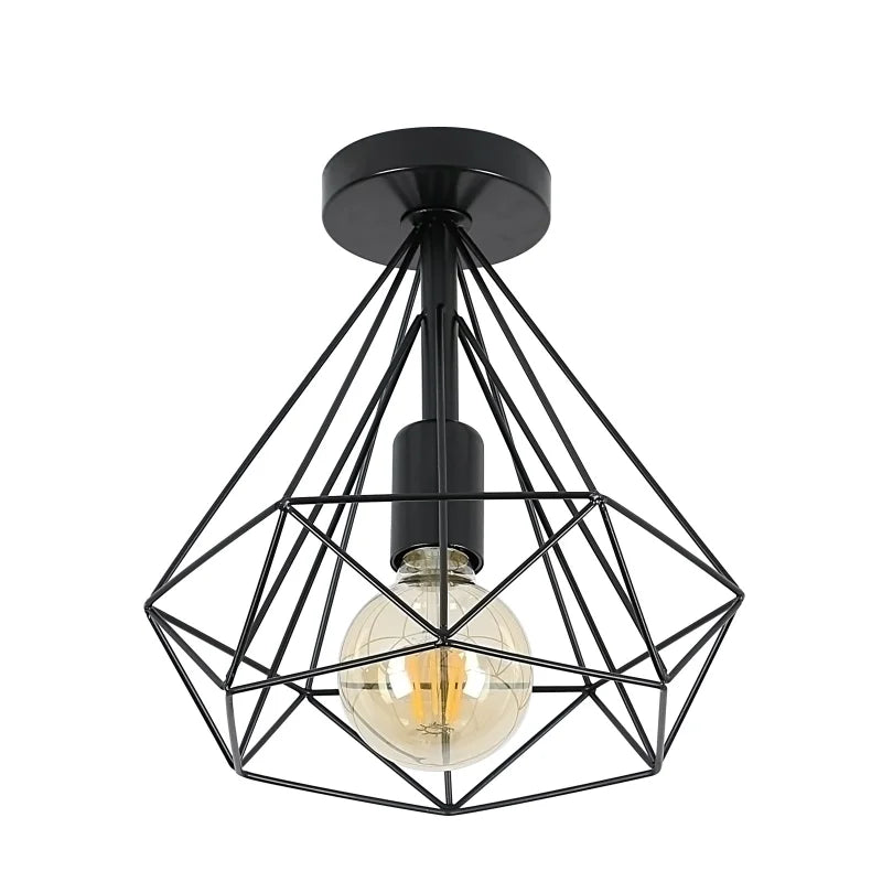 Semi Flush Mount Ceiling Light,Industrial E27 Base Diamond Cage Ceiling Light Fixtures for Hallway（Bulb not included）