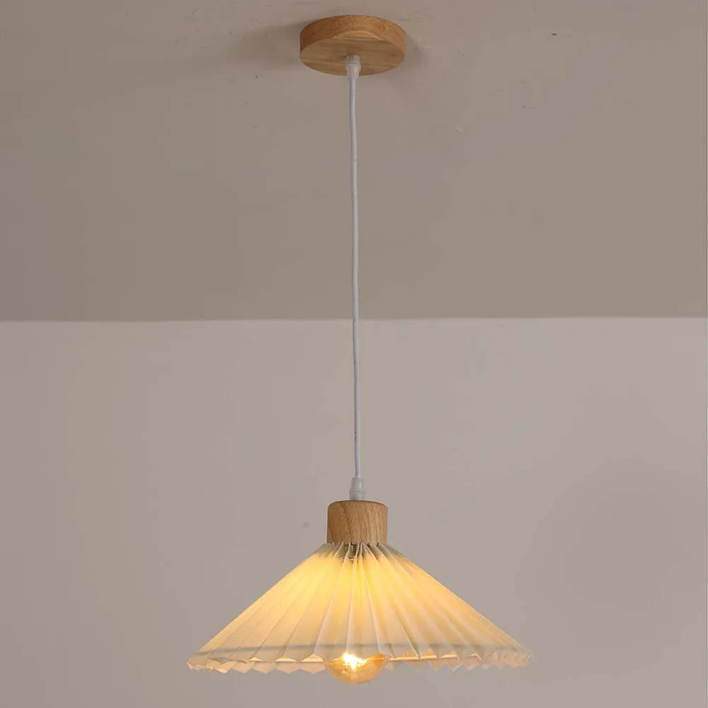 Nordic Pendant Lamp,Chandelier with Pleated Fabric and Wood,3 Lights with 1.2 m Adjustable Cable,E27 Socket（Bulb not included）