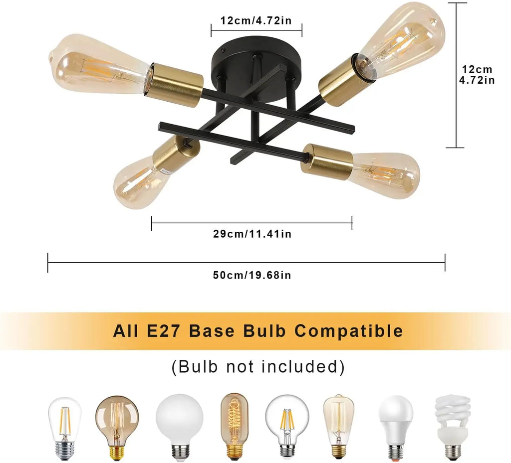 Industrial Ceiling Light,4-heads Ceiling Lights Iron Pendant Light for Bedroom, Restaurant,E27 Socket（Bulb not included)