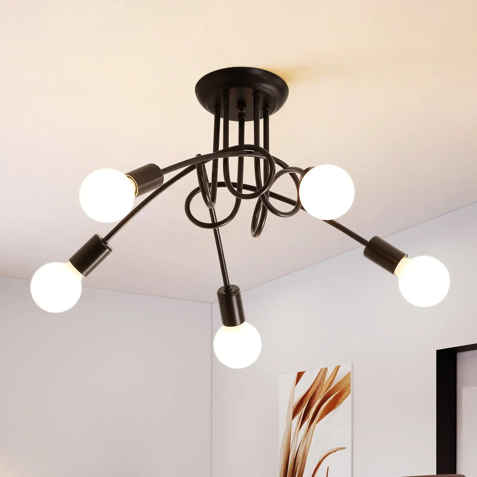 Ceiling Light Fixture,5-Light Mid Century Hemp Flowers Shape Ceiling Lights for Bedroom,Living Room(Bulb not included)