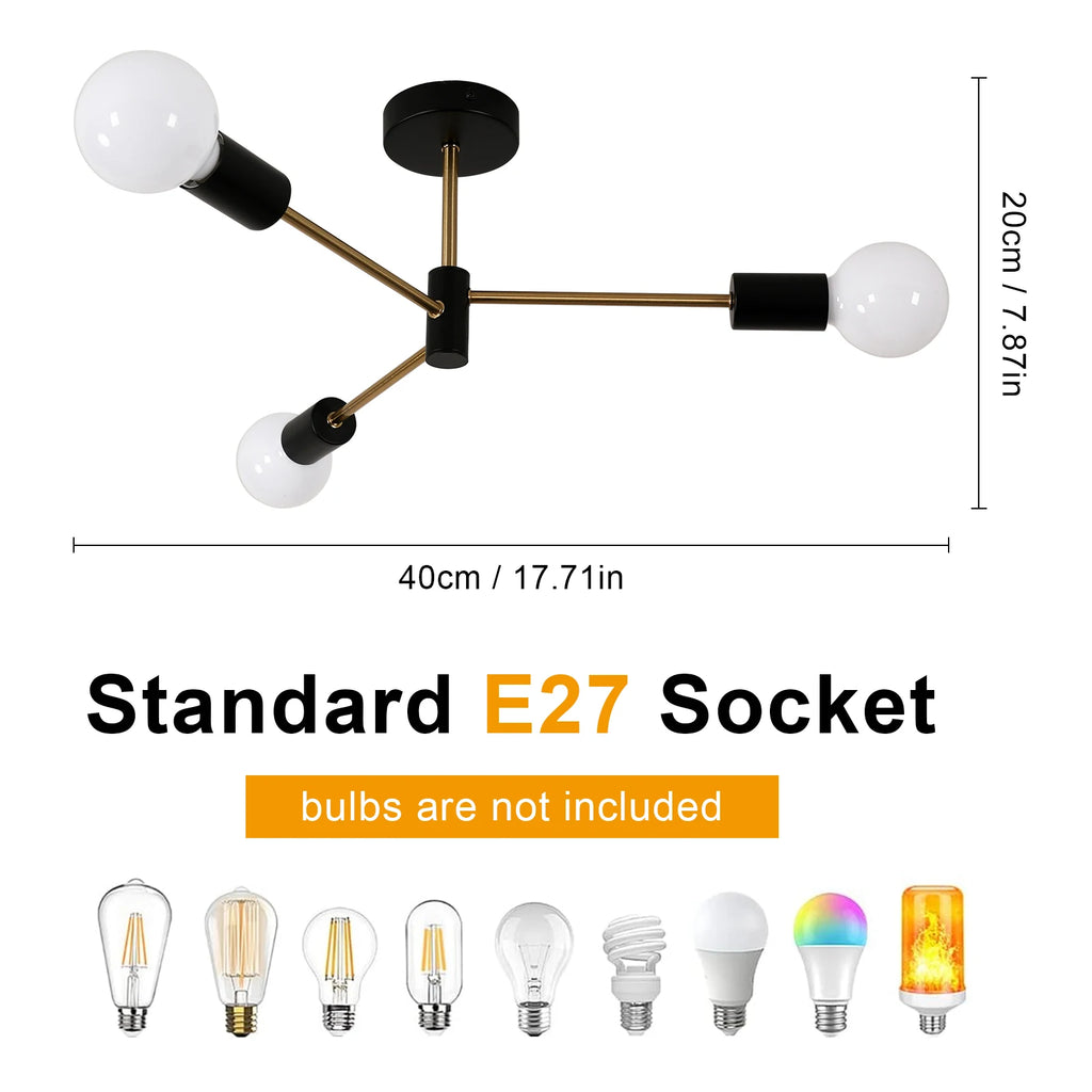 Sputnik Ceiling Light,Semi Flush Mount Ceiling Light,3 Lights Modern Sputnik Chandelier with E27 Socket （Bulb not included）