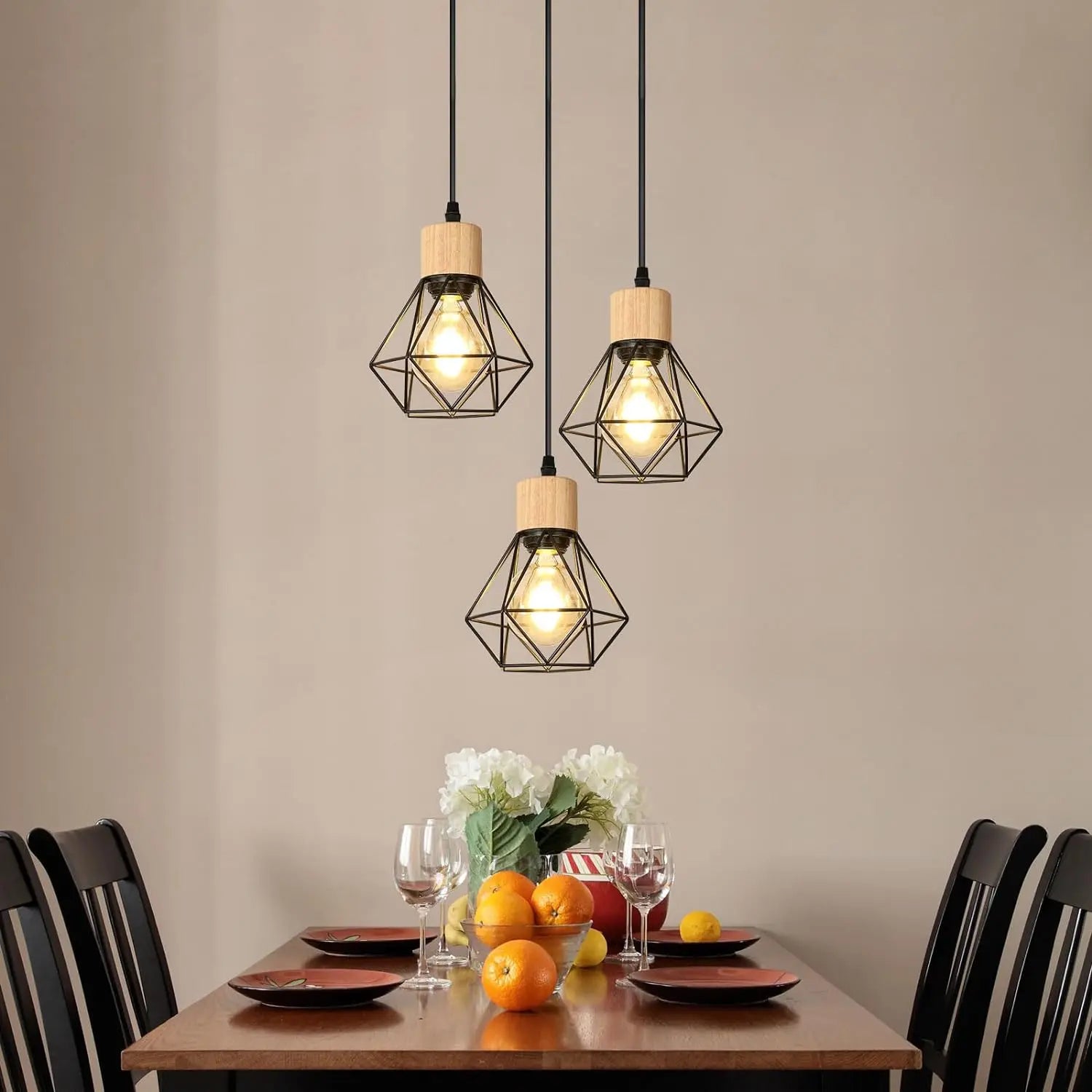 Vintage Pendant Lamps,3-heads Industrial Metal Chandelier E27 Ceiling Lighting in Geometric Cage Style(Bulb Not Included)