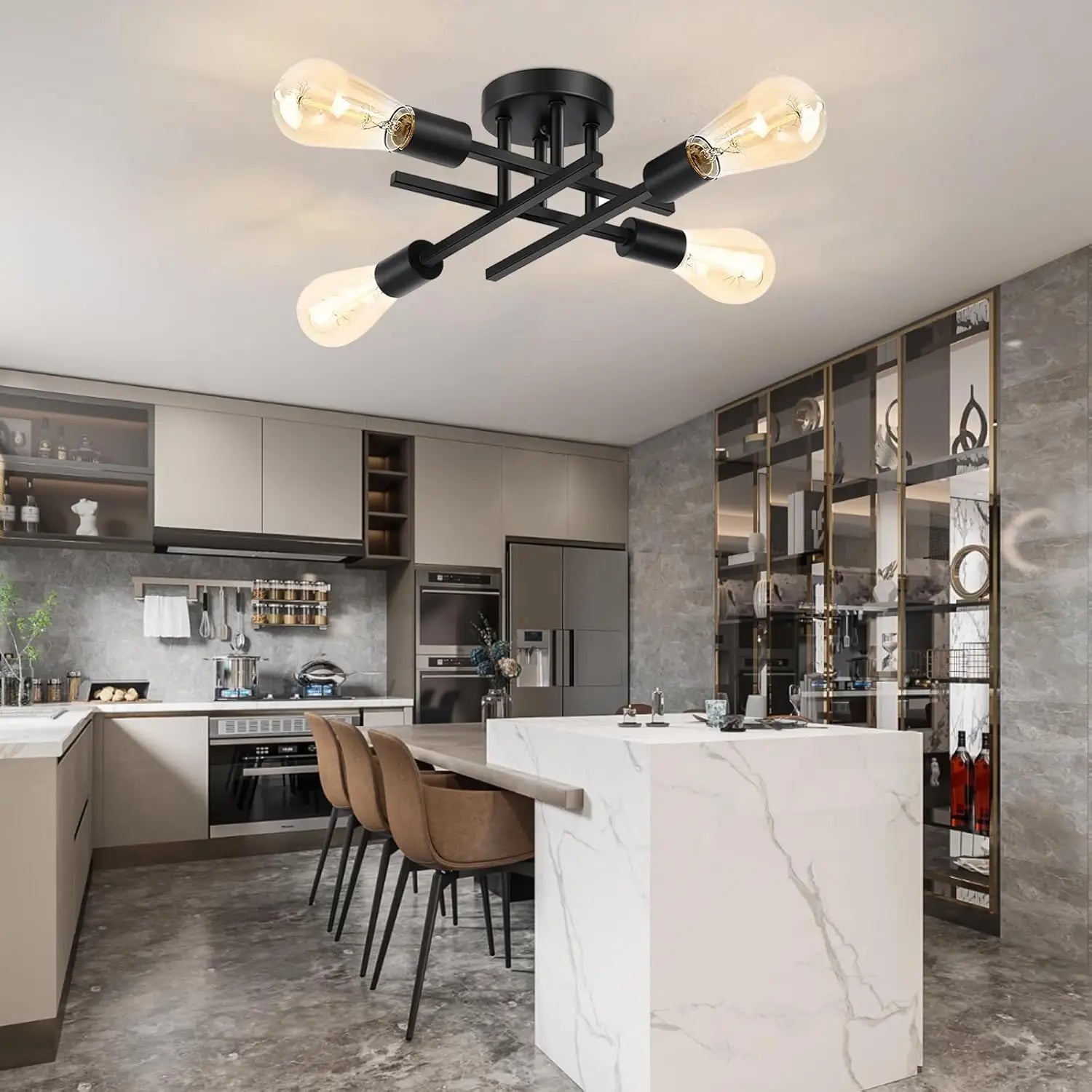Industrial Ceiling Light,4-Light Semi Flush Mount Ceiling Lamp with E27 Sockets Chandelier for Bedroom(Bulb not included)