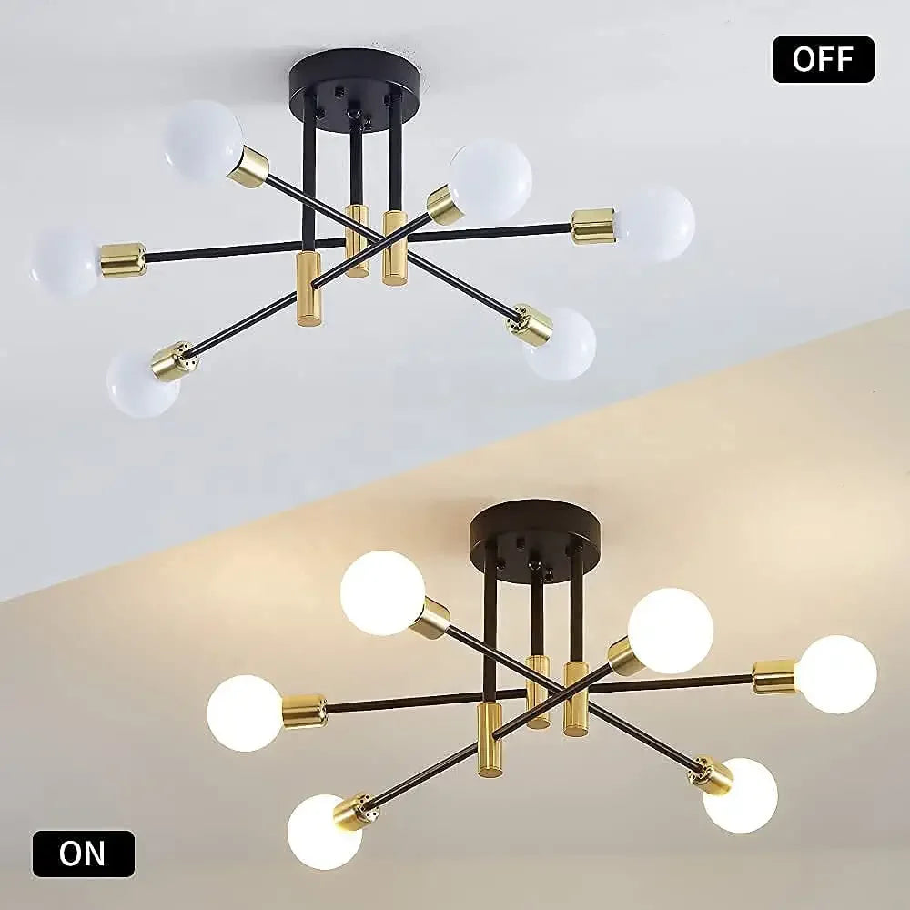 Sputnik Ceiling Light,6 Lights E27 Vintage Flush Mount,Semi-Flush Fitting Chandelier Light for Living Room（Bulb not included）