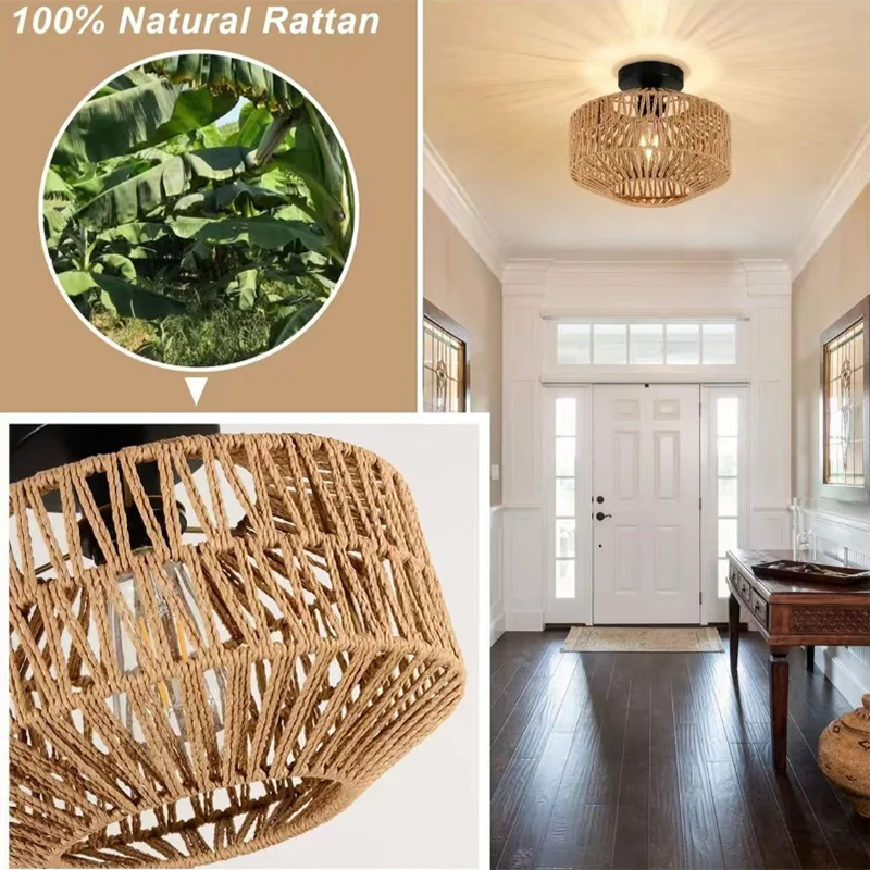 Rattan Chandeliers,Hand Woven Ceiling Lamp Flush Mount Ceiling Lights Vintage Lighting Fixtures E27 Lights（Bulb not included）