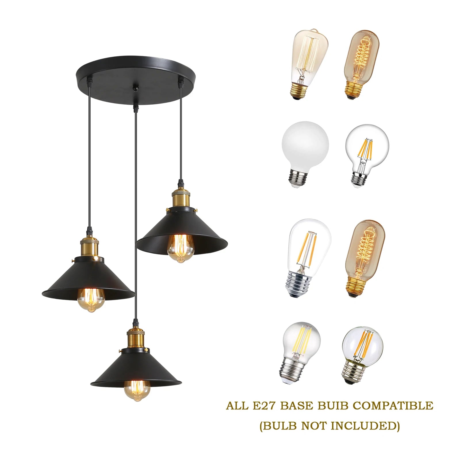 3 Heads Vintage Pendant Light,E27 Black Metal Hanging Lights,Industrial Chandelier for Dinning Room (Bulb not Included)