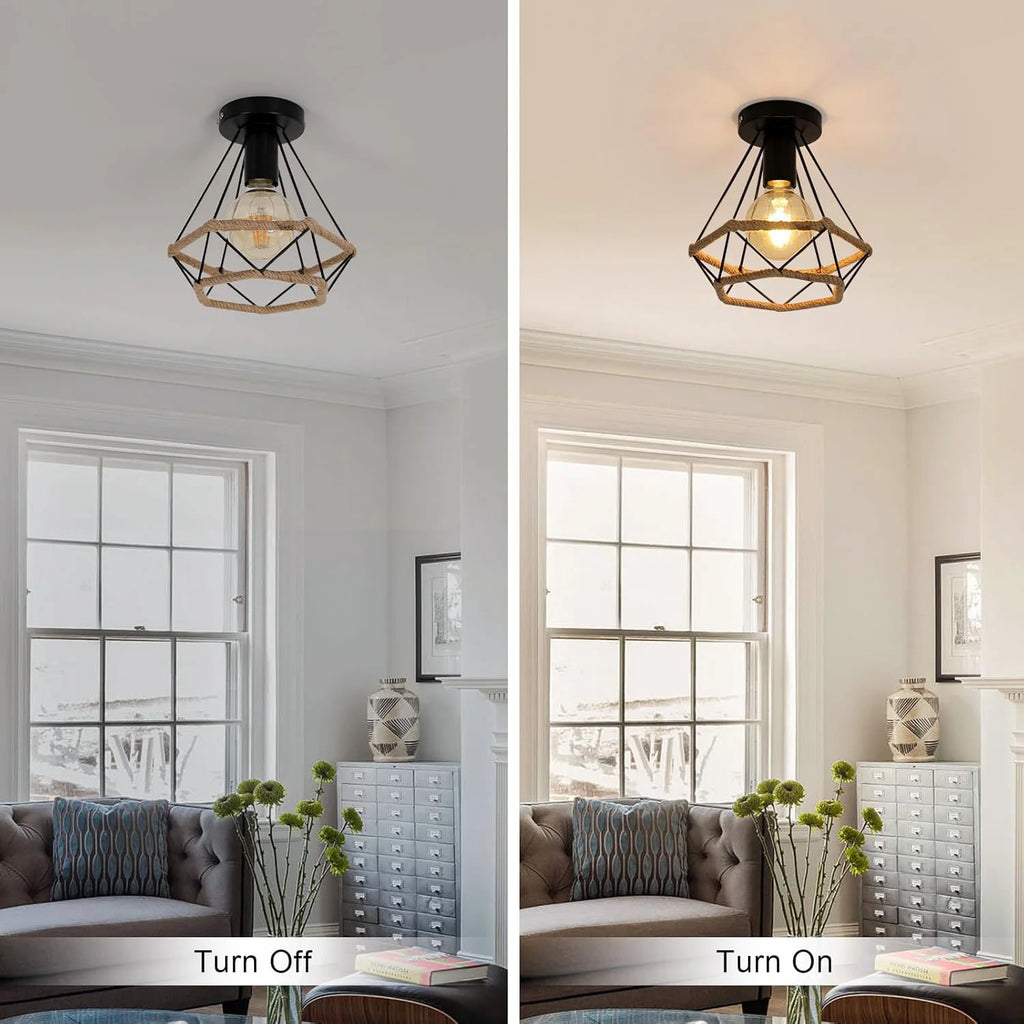 Hemp Rope Pendant Lamp,E27 Base Iron Cage Ceiling Hanging Light Retro Indoor Lighting Chandelier for Home（Bulb not included）