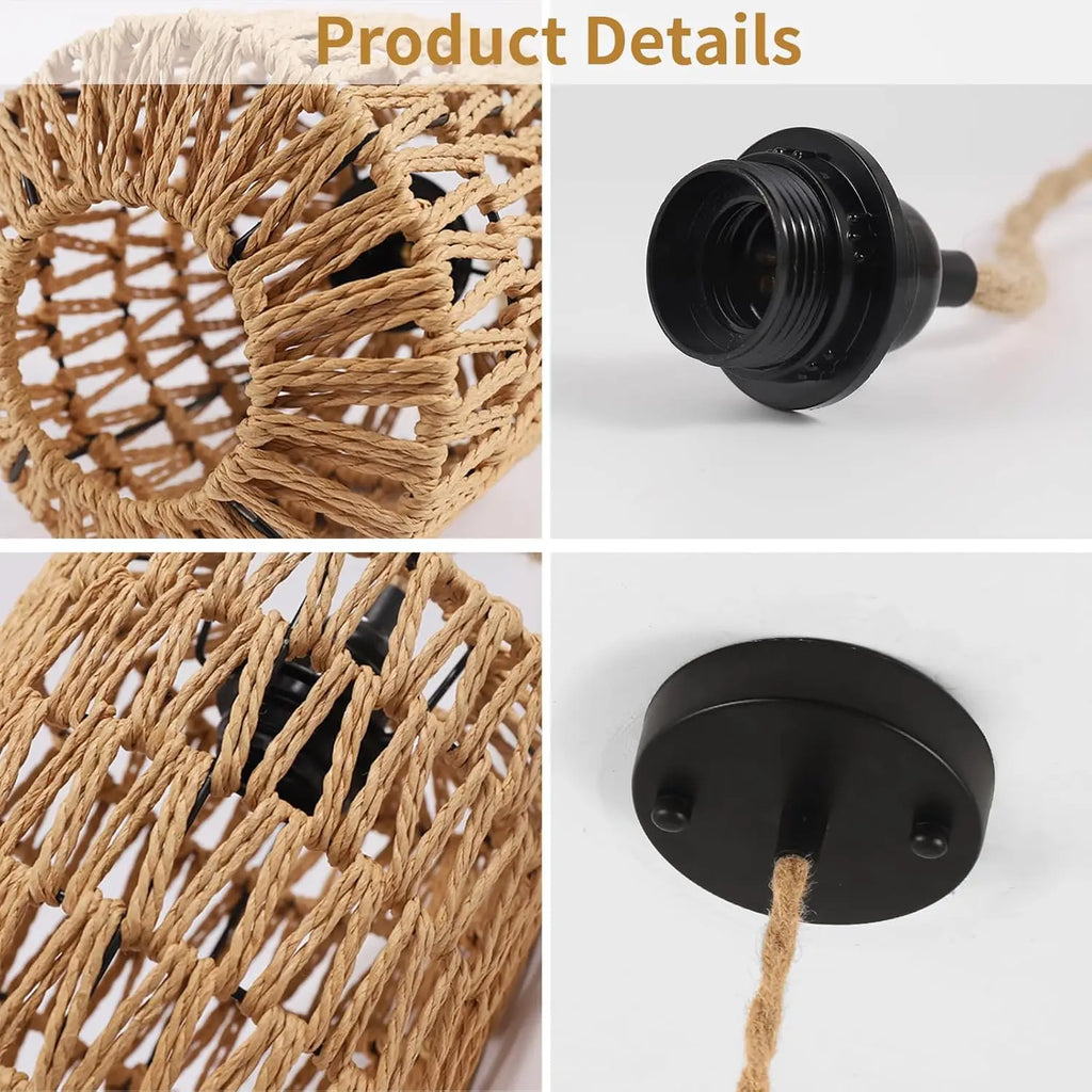 Handwoven Boho Rattan Lampshade Chandelier,Natural Brown Round Shade Pendant Light For Bedroom,Living Room (Bulbs Not Included)