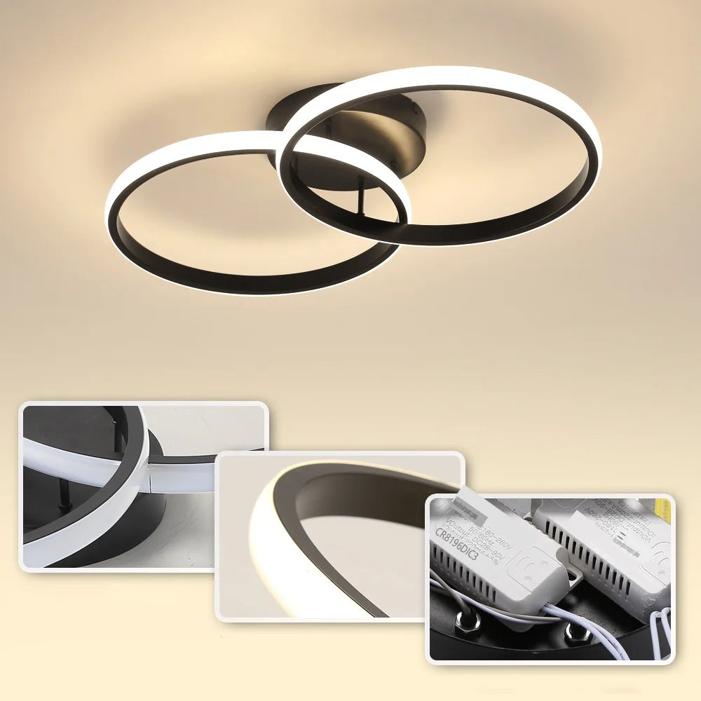 Modern 2-Ring LED Ceiling Light, 42W Neutral Light 4000K Non-Dimmable Black Flush Mount Lamp for Living Room Bedroom Home Indoor Lighting Fixture