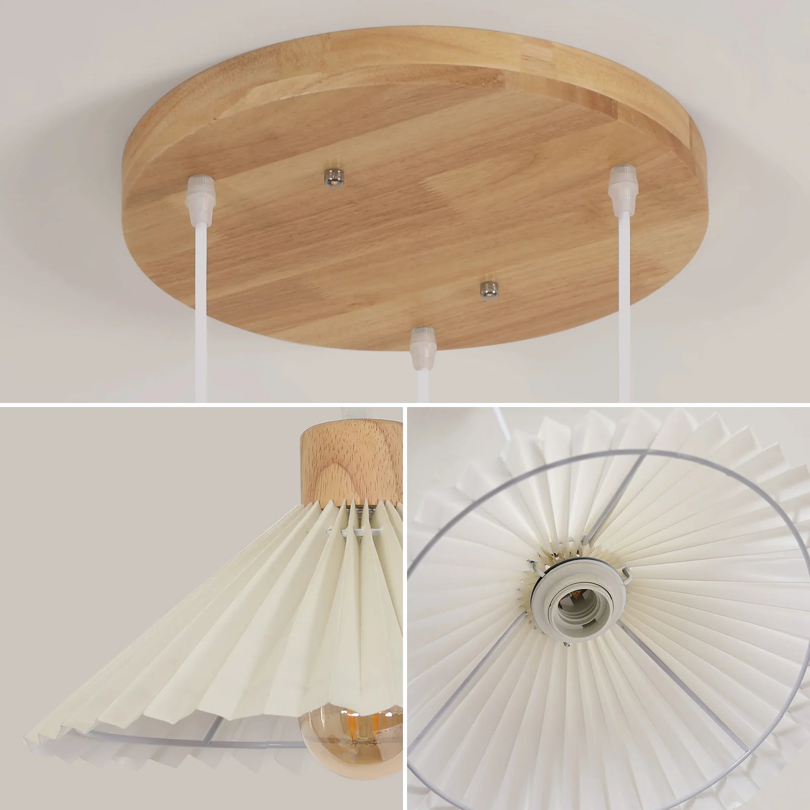 Nordic Pendant Lamp,Chandelier with Pleated Fabric and Wood,3 Lights with 1.2 m Adjustable Cable,E27 Socket（Bulb not included）