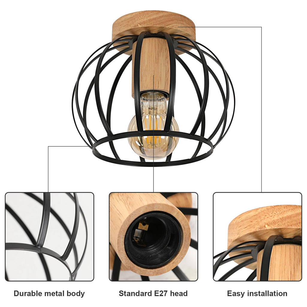 Vintage Ceiling Light,E27 Socket Retro Geometric Ceiling Lampshade Metal Cage for Hallway,Attic, Balcony, Diameter 19cm,Black（Bulb Not Included）