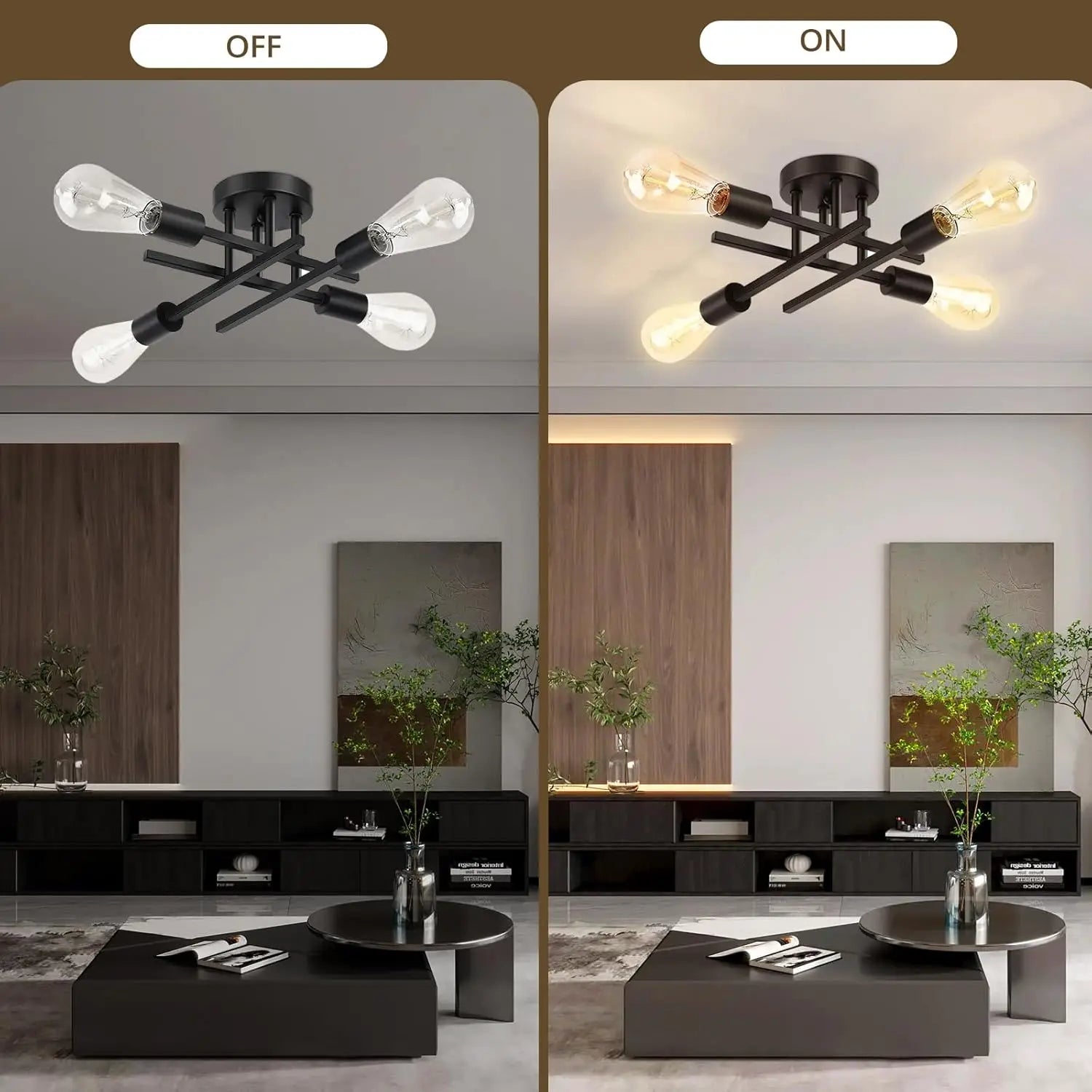 Industrial Ceiling Light,4-Light Semi Flush Mount Ceiling Lamp with E27 Sockets Chandelier for Bedroom(Bulb not included)