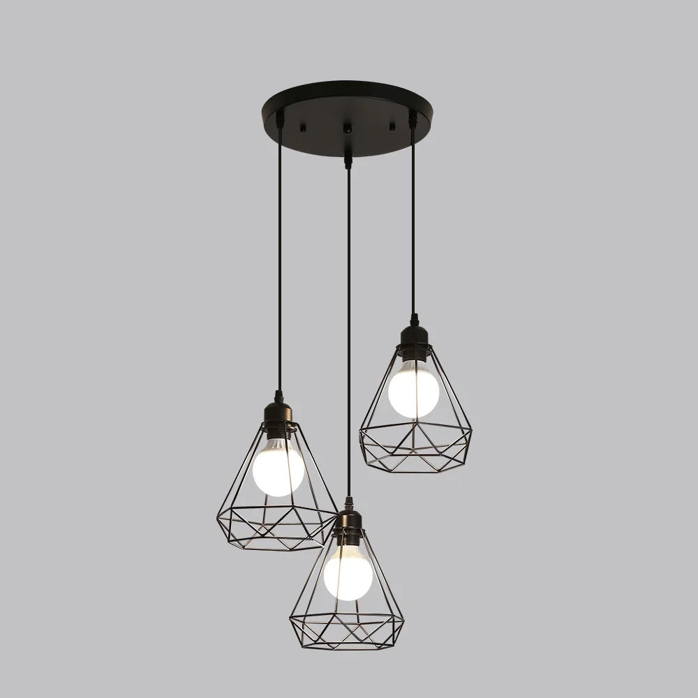 3 Head Ceiling Pendant Lights 20cm Black Wire Lampshade Diamond Cage Design E27 1m Adjustable Hanging Fixer（Bulb not included）