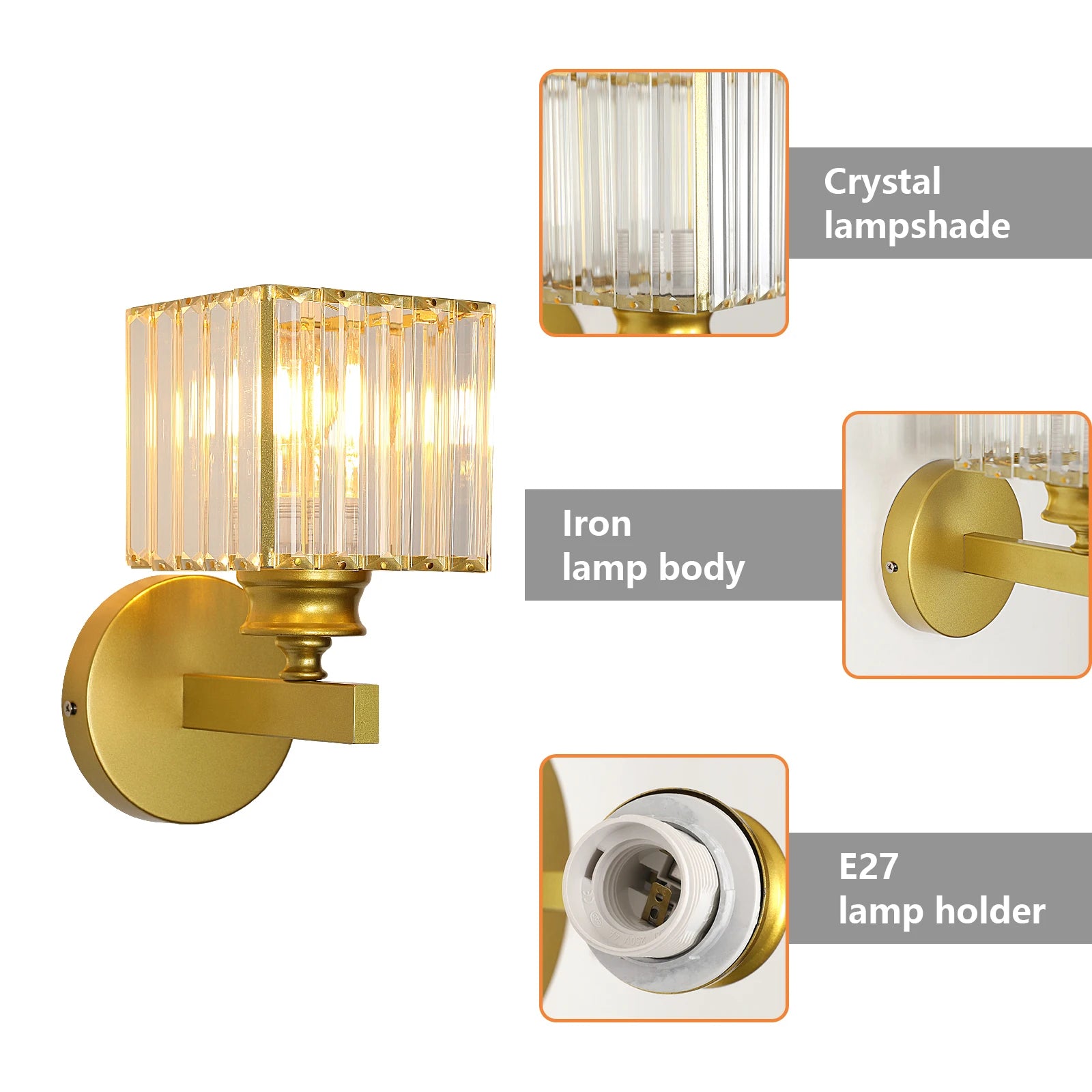 Modern Crystal Wall Sconce,E27 Golden Crystal Wall Lamp,For Bedside Bedroom Corridor Lighting（Bulb not included）