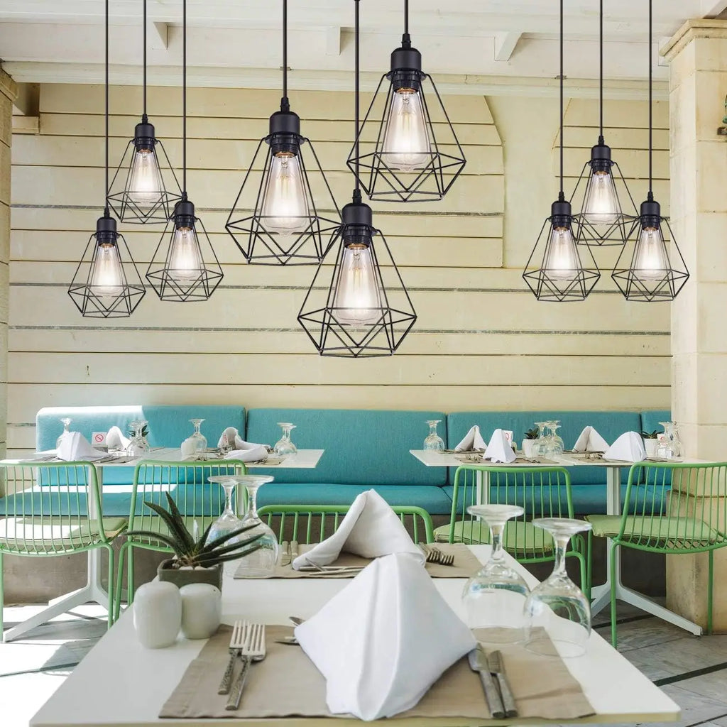 3 Head Ceiling Pendant Lights 20cm Black Wire Lampshade Diamond Cage Design E27 1m Adjustable Hanging Fixer（Bulb not included）
