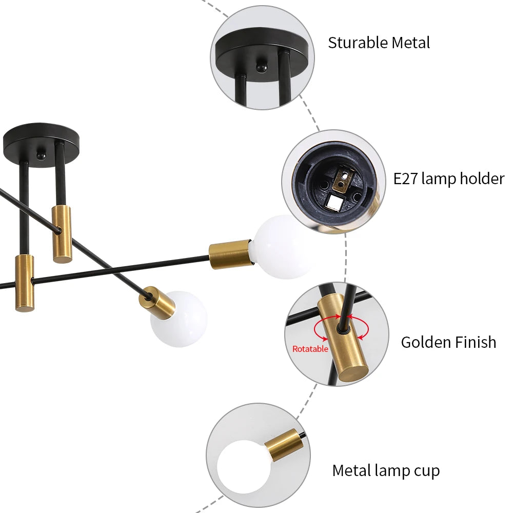 Ceiling Pendant Light, Industrial Semi built-in Ceiling 4 Lights Vintage Pendant Light E27 Black and gold Ceiling Light for Living Room Kitchen Bedroom Dining Room (Bulb Not Included)