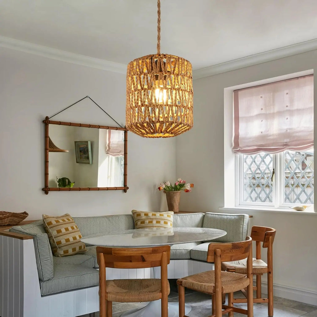 Rattan Lampshades Chandelier, Lamp Shades Ceiling Boho Style,Cylinder Lampshade Suitable Dining Room (Bulbs Not Included)