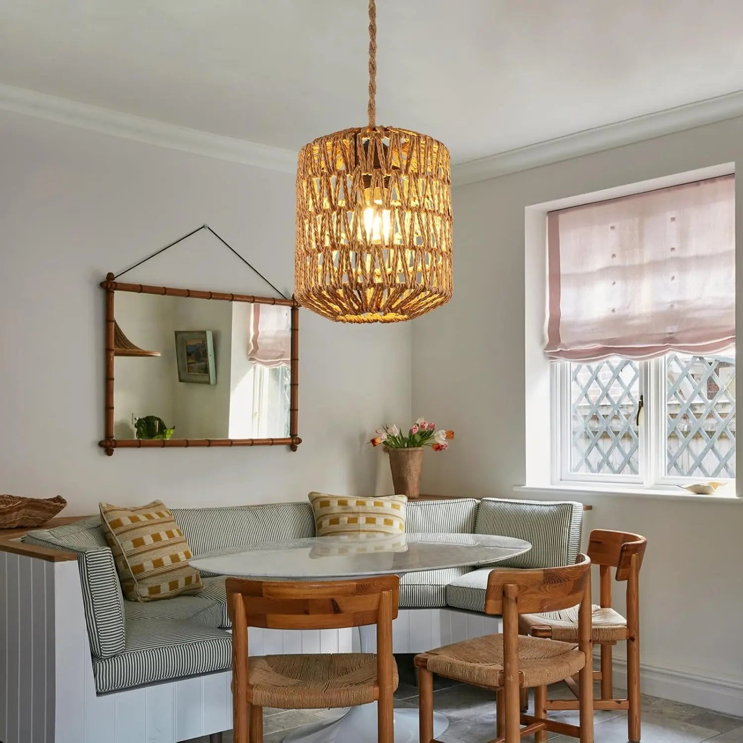 Handwoven Boho Rattan Lampshade Chandelier,Natural Brown Round Shade Pendant Light For Bedroom,Living Room (Bulbs Not Included)