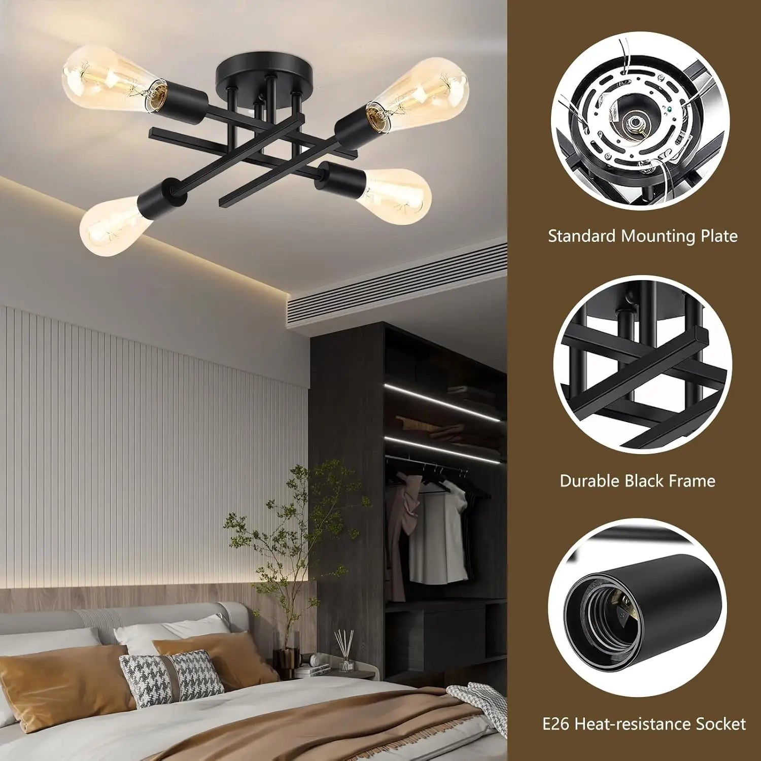 Industrial Ceiling Light,4-Light Semi Flush Mount Ceiling Lamp with E27 Sockets Chandelier for Bedroom(Bulb not included)
