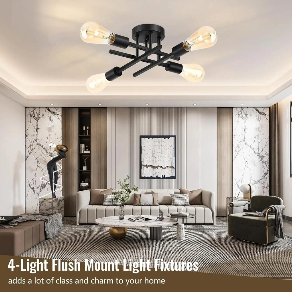 Industrial Ceiling Light,4-Light Semi Flush Mount Ceiling Lamp with E27 Sockets Chandelier for Bedroom(Bulb not included)