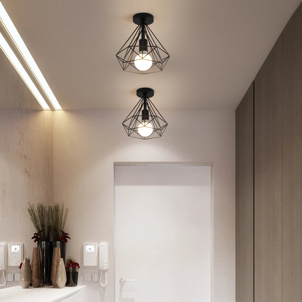 Semi Flush Mount Ceiling Light,Industrial E27 Base Diamond Cage Ceiling Light Fixtures for Hallway（Bulb not included）