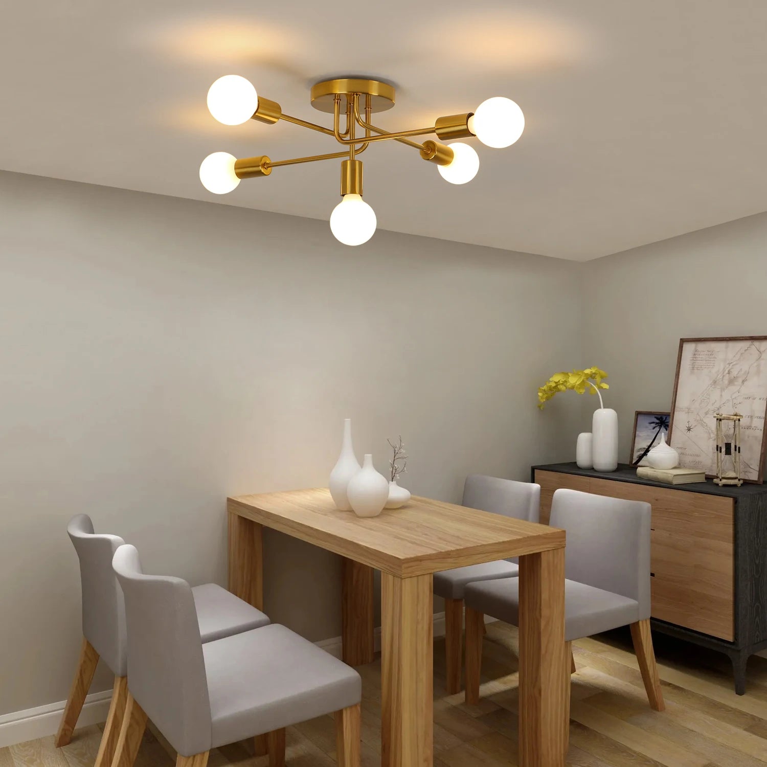 5-Lights Ceiling Light,Industrial Ceiling Lamp,Brass Chandeliers E27 Base for Bedroom,Living Room,Bar（Bulb not included）