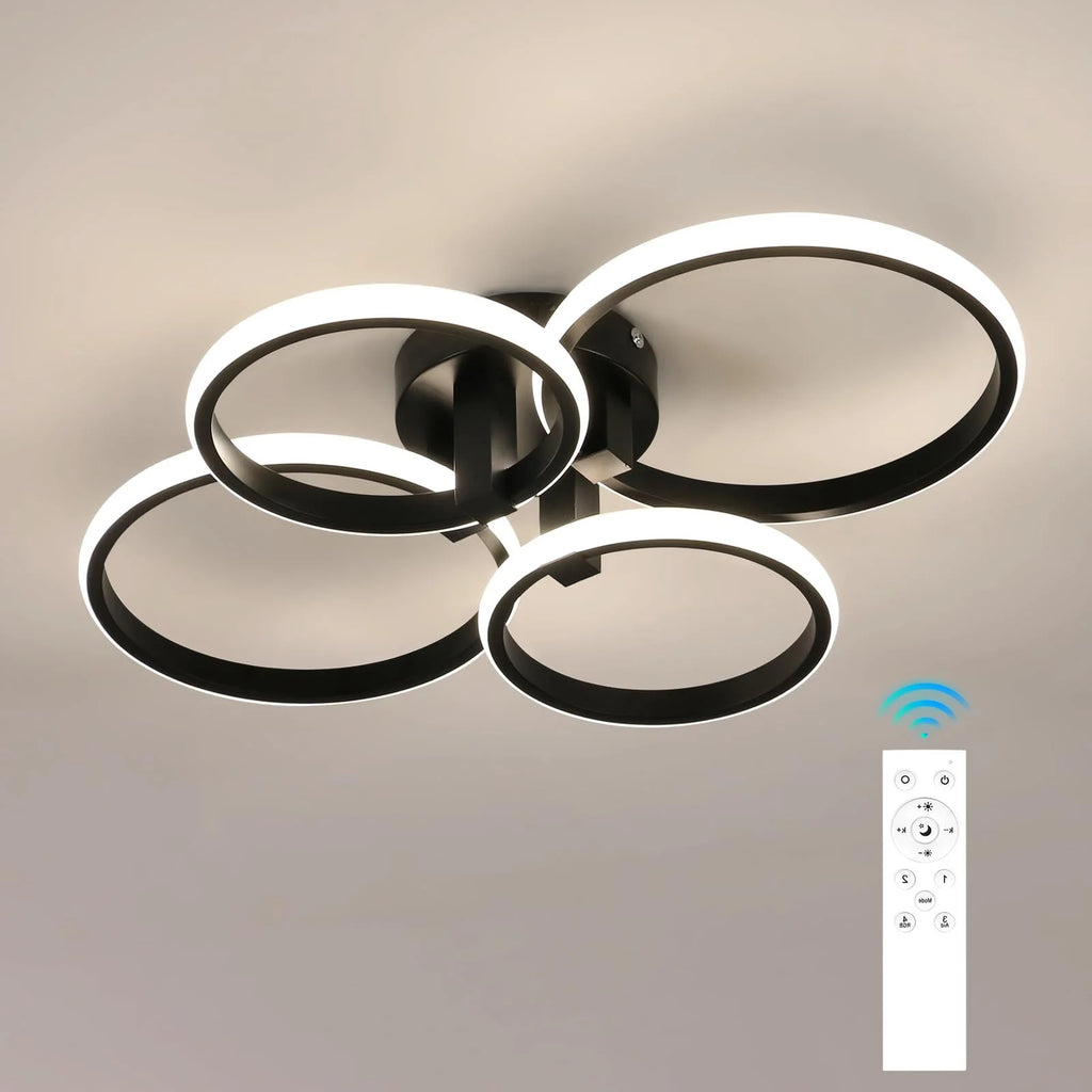 Modern 4-Ring LED Ceiling Light, 76W Dimmable 3 Color Change Flush Mount Lamp with Remote Control Black Fixture for Living Room Bedroom