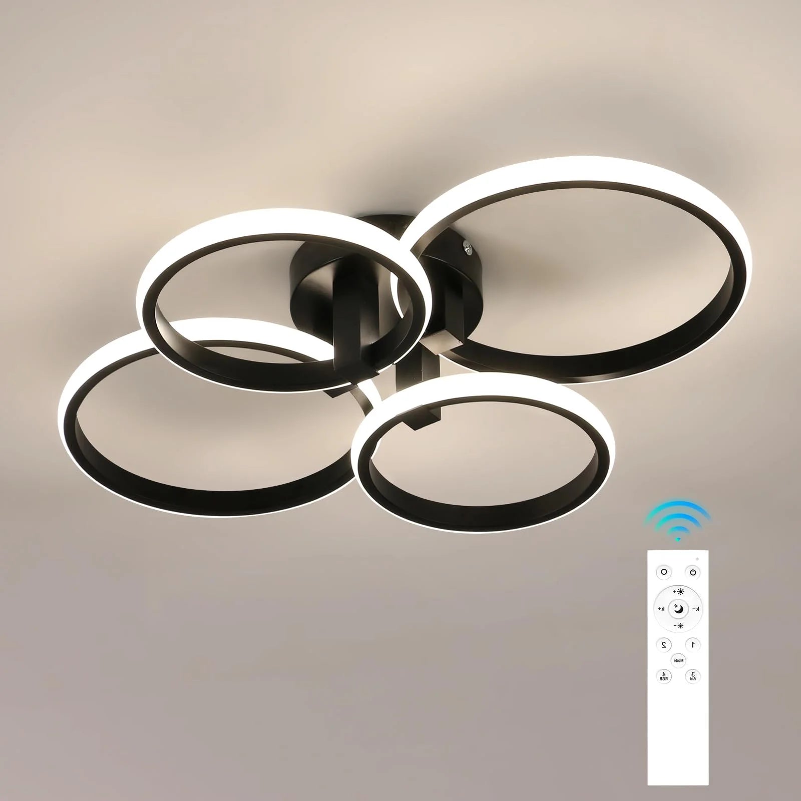Modern 4-Ring LED Ceiling Light, 76W Dimmable 3 Color Change Flush Mount Lamp with Remote Control Black Fixture for Living Room Bedroom