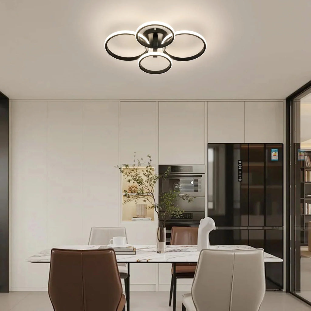 Modern 4-Ring LED Ceiling Light, 76W Dimmable 3 Color Change Flush Mount Lamp with Remote Control Black Fixture for Living Room Bedroom