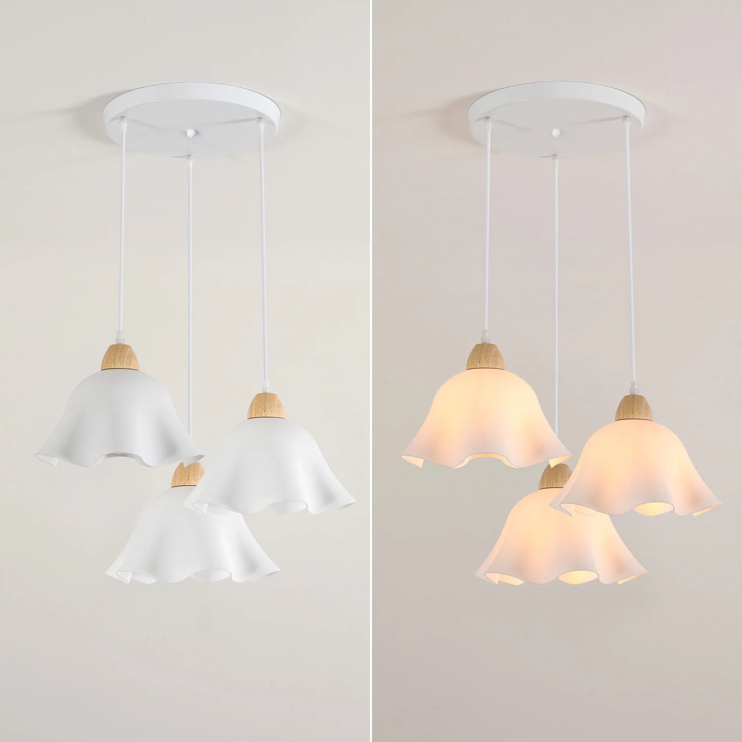 3-Head Pendant Lamps,Flower-Shaped Chandelier Retro Wooden Ceiling Light Flower Design E27 Base Lighting (Bulb not included）