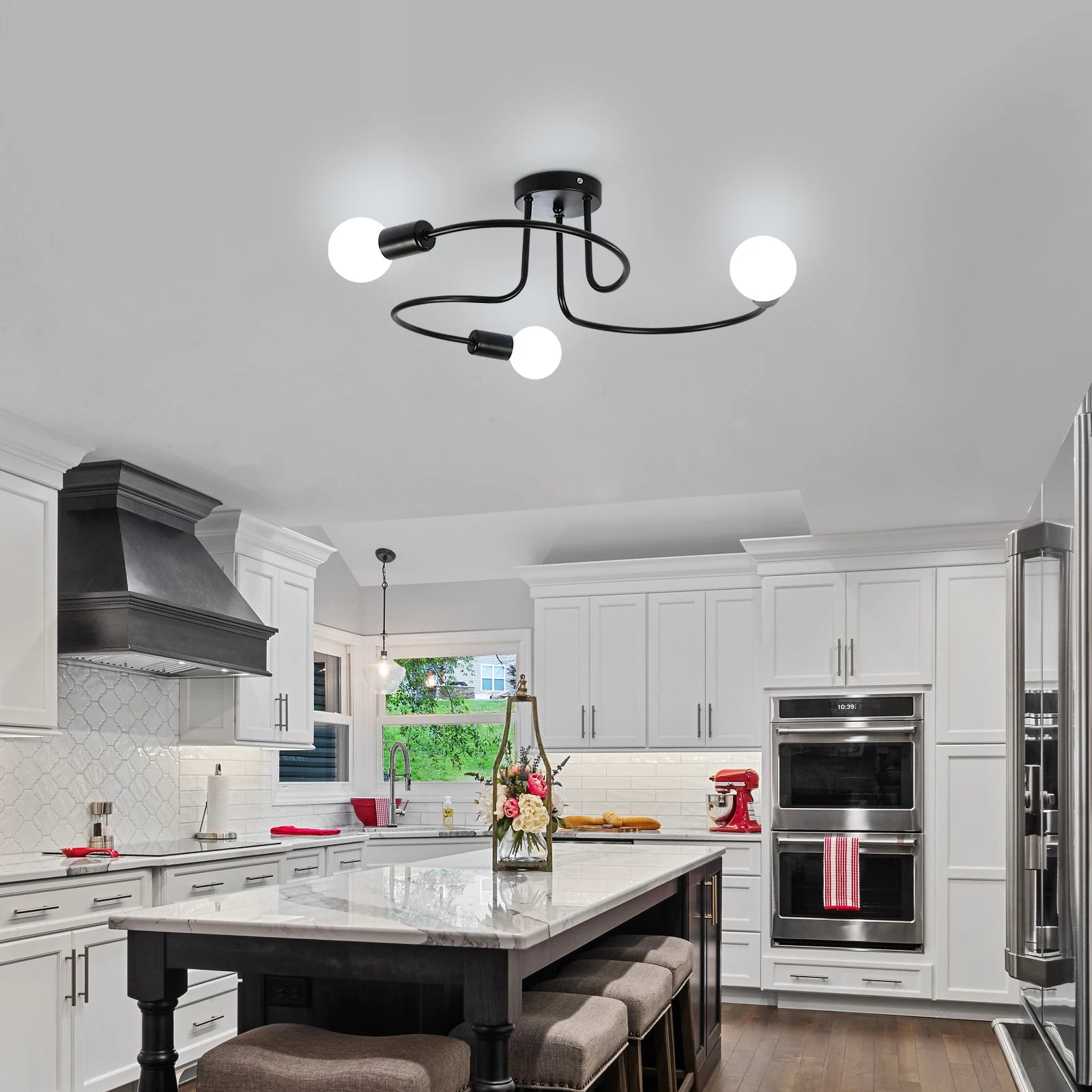 Industrial Ceiling Light,3 Way Semi-Flush Ceiling Light Metal E27 Base,Chandelier Fixture for Bedroom  (Bulbs not Included)