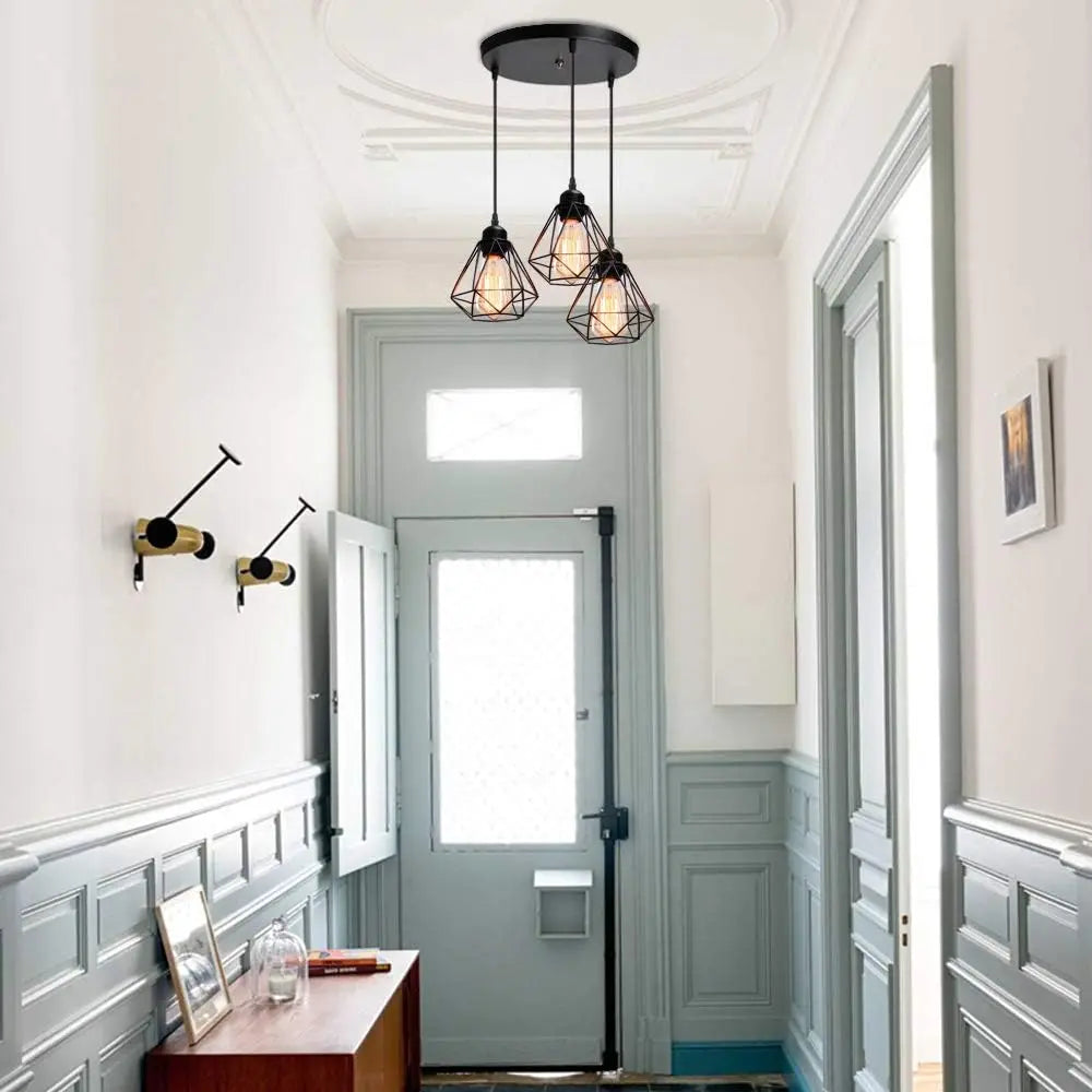 Vintage Pendant Lamps,3-heads Industrial Metal Chandelier E27 Ceiling Lighting in Geometric Cage Style(Bulb Not Included)