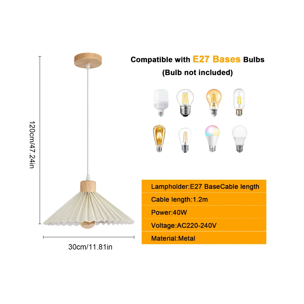 Nordic Pendant Lamp,Chandelier with Pleated Fabric and Wood,3 Lights with 1.2 m Adjustable Cable,E27 Socket（Bulb not included）