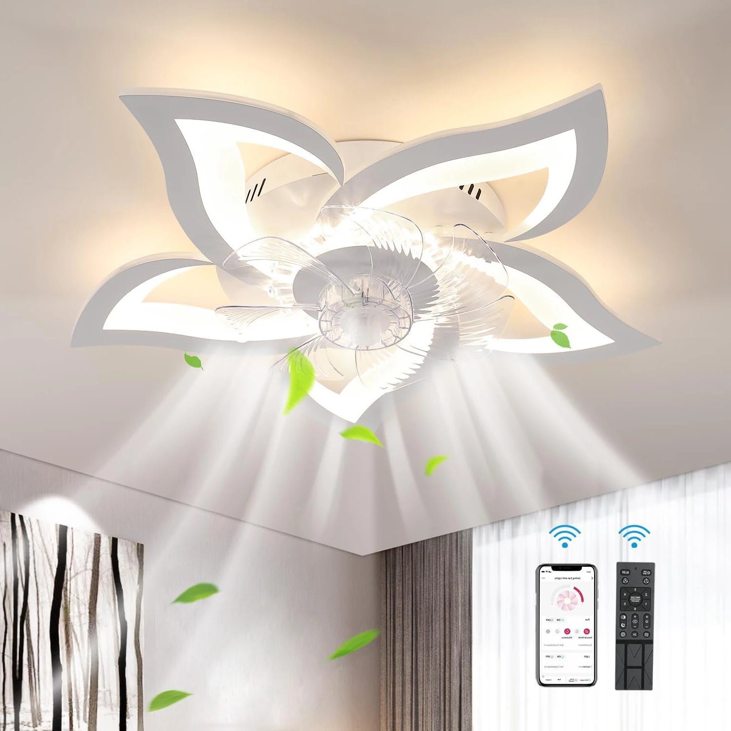 Dimmable Ceiling Fan Light,Flush Mounted Ceiling Fan Light With Remote Control,3000K/4500K/6500K For Dining Room,Living Room