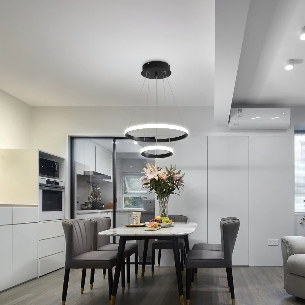 Modern LED Chandelier,30W 2700LM 2 Ring Round Hanging Foyer Pendant Light for Kitchen Island,Living Room,Cold White Light 6500K