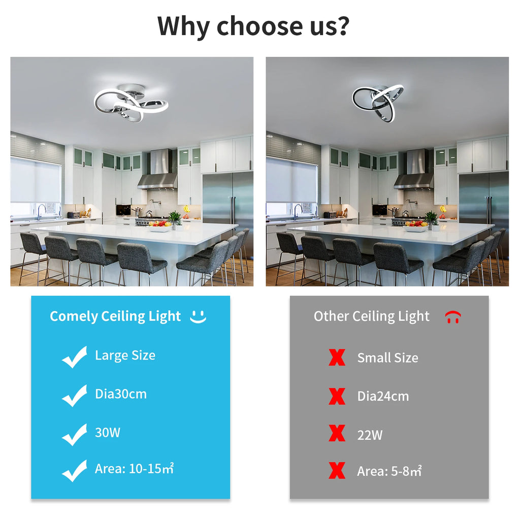 30cm Modern Ceiling Lights,30W 2700LM Curved Design Ceiling Light fixtures LED For Bedroom,Cold White Light 6500K