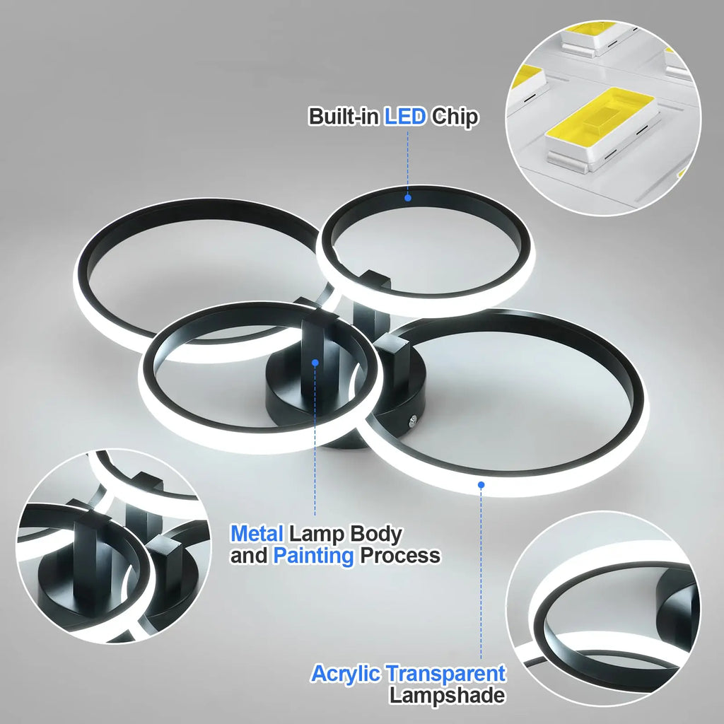Modern 4-Ring LED Ceiling Light, 76W Dimmable 3 Color Change Flush Mount Lamp with Remote Control Black Fixture for Living Room Bedroom