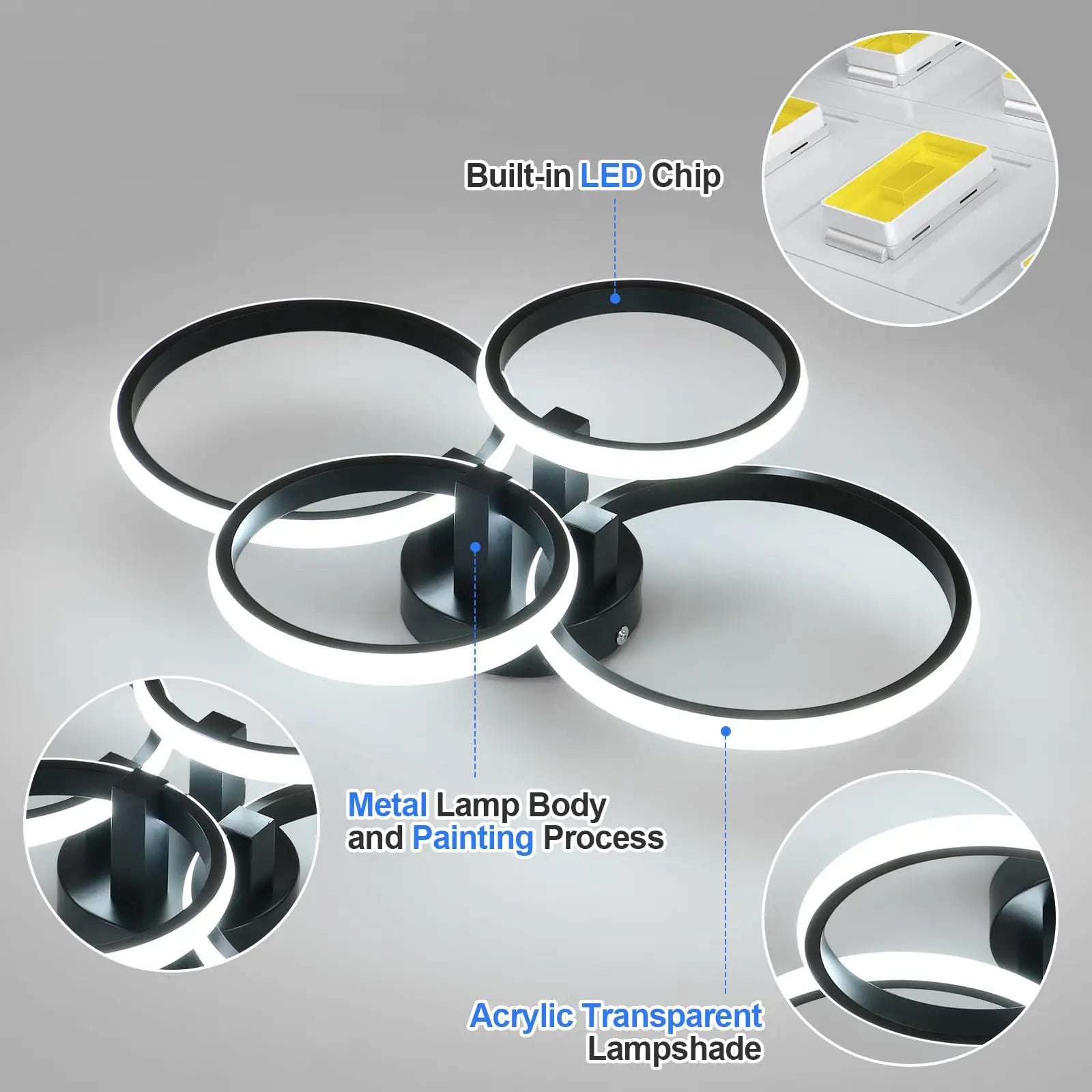 Modern 4-Ring LED Ceiling Light, 76W Dimmable 3 Color Change Flush Mount Lamp with Remote Control Black Fixture for Living Room Bedroom