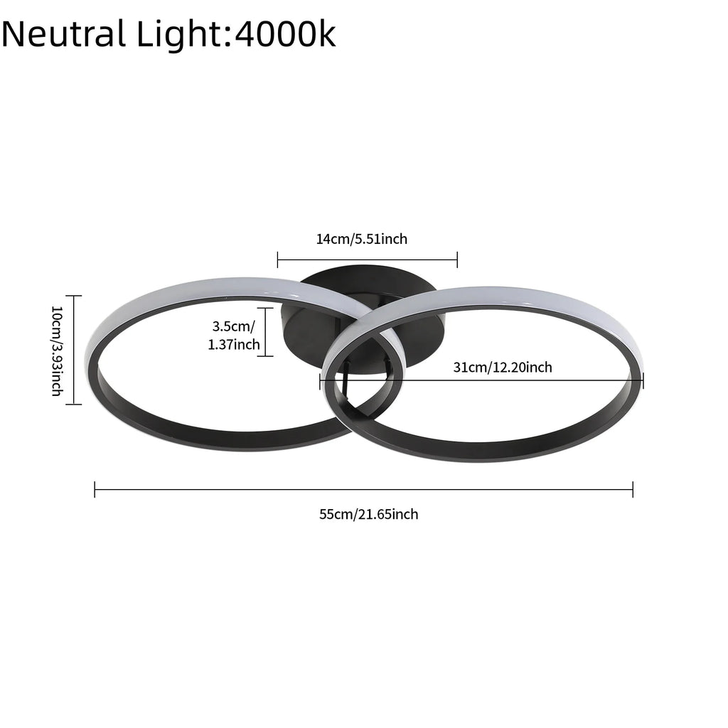 Modern 2-Ring LED Ceiling Light, 42W Neutral Light 4000K Non-Dimmable Black Flush Mount Lamp for Living Room Bedroom Home Indoor Lighting Fixture