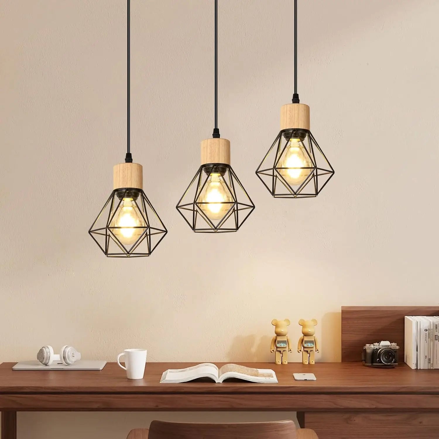 Vintage Pendant Lamps,3-heads Industrial Metal Chandelier E27 Ceiling Lighting in Geometric Cage Style(Bulb Not Included)