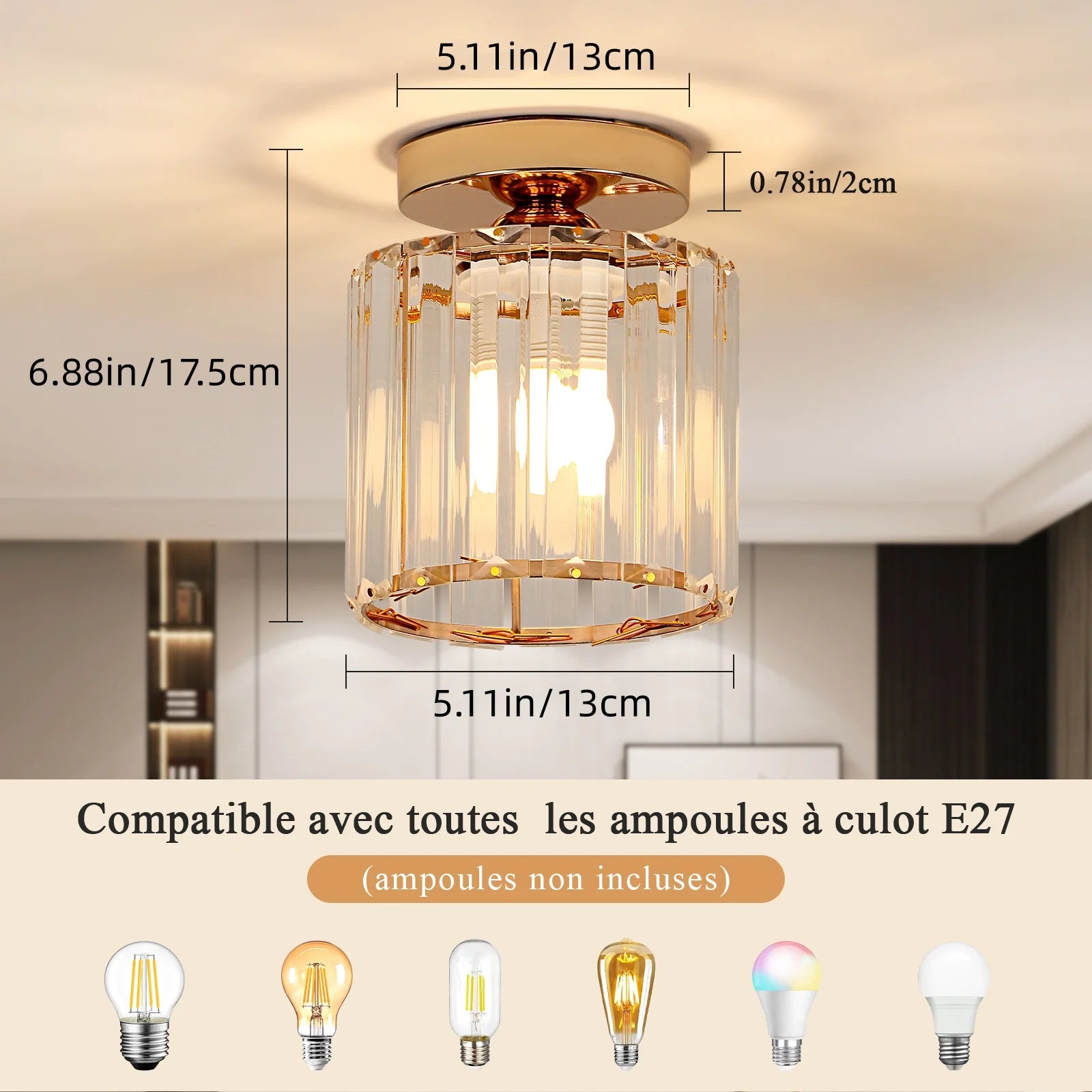 Modern Ceiling Light,Mini Crystal Chandelier,Close-to-Ceiling Lighting Fixture For Dining Room,E27 Base (Bulb Not Included)